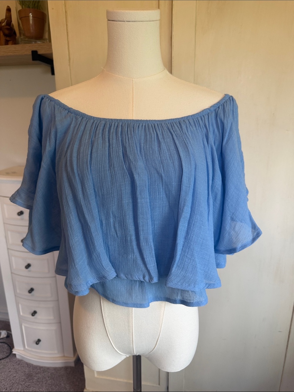 Sky Blue Off-Shoulder Crop Top with Ruffle Hem